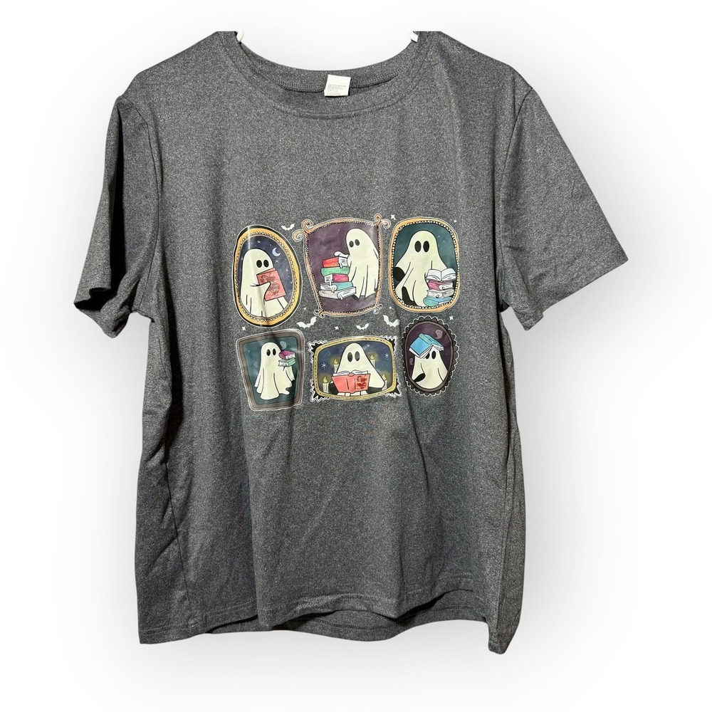 Reading Ghosts Halloween Graphic T-Shirt Gray Short Sleeve‎ XL Bookworm Spooky